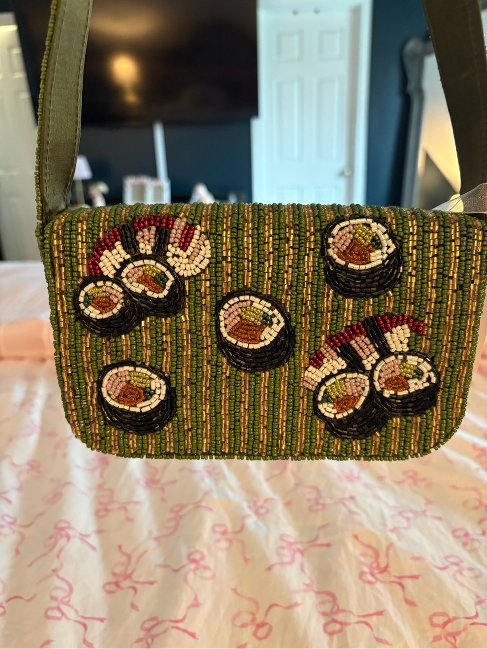 Green Beaded Sushi Motif Mini Crossbody Bag